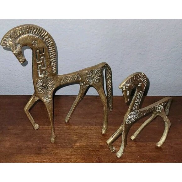 2 Etruscan Brass Horses Roman Mid Century Modern Greek Sculpture MCM Vintage - Picture 9 of 11